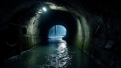 Naklejka premium Eerie dark tunnel with running water and mystery