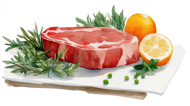 Watercolor painting showcasing raw red meat steak with lemon slice and sprig of herb