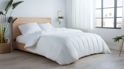 Luxurious White Comforter on Wooden Bed  Bedroom Interior Design  Peaceful Sleep