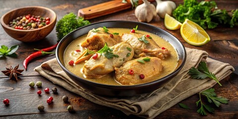 Tender chicken cooked in rich creamy sauce with mild spices surrounded by aromatic herbs and lemongrass, creamy sauce, tender meat