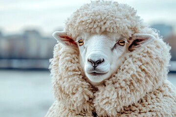 Problem of cold animals. Sad cute adult animal sheep in winter warm clothes, icy air from nose and mouth in frosty breeze. Social digital ads - animal care. Social nature campaign. Zoo nature.