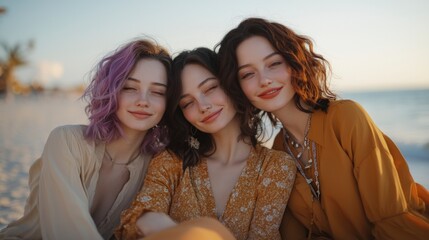 Fototapeta premium Serene Beach Scene Three Women Relaxing Friendship Summer Sunset