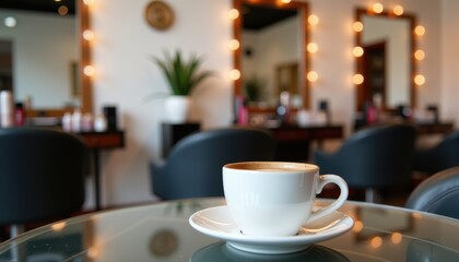 Fototapeta premium White ceramic coffee cup with a saucer on a sleek glass table, beauty salon interior with makeup stations and stylish decor in the background, soft-focus lighting, sophisticated and inviting mood