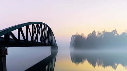 Misty Dawn Bridge Silhouette  Steel Structure  River Reflection  Tranquil Landscape