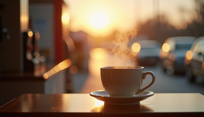 Fototapeta premium Steaming black coffee on gas station counter with morning sunlight.