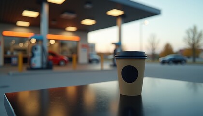 Coffee cup with logo on sleek black table in modern gas station.