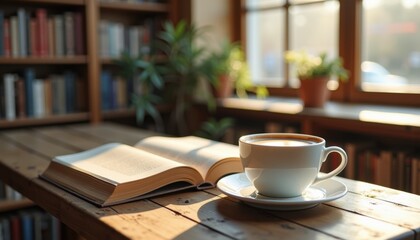 White coffee cup and open book on rustic table in bookstore light.