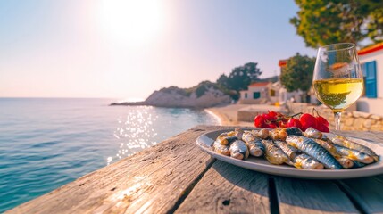 Obraz premium Coastal Dining Grilled Sardines White Wine Ocean View
