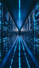 Fototapeta premium Long hallway in a server room with blue lights shining brightly