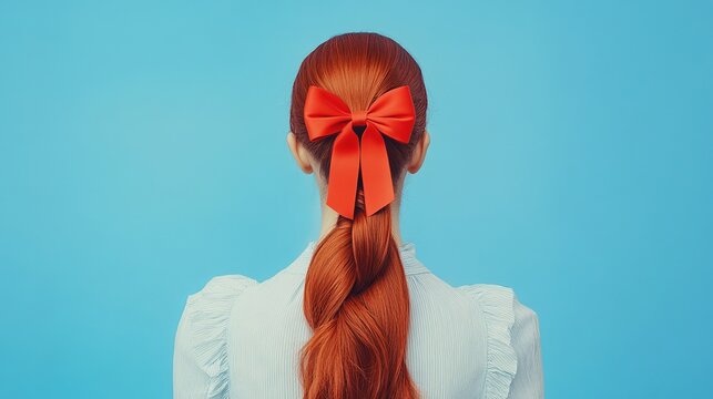 Redhead Woman Long Braided Hair Red Bow Back View Stylish Hairdo Fashionable Hairstyle Beautiful Ginger Hair Elegant Feminine Style Trendy Hair       