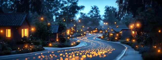 A small glowing neural network with delicate light trails weaving through the a modern rural neighborhood. The network pulses with energy, symbolizing AI-driven innovation