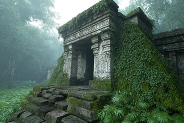 Tall stone structures of an ancient temple stand partially covered in vibrant green moss and creeping vines, set in a dense, misty forest. The serene environment evokes a sense of mystery
