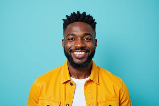 Smiling African American Male in Bright Yellow Jacket Against a Vibrant Blue Background, Representing Confidence and Joyful Expression