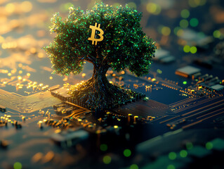 Tree growing on a circuit board with a Bitcoin symbol.