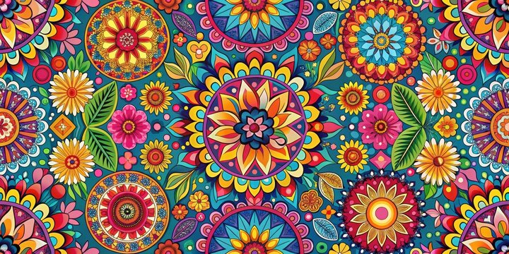 Colorful floral wallpaper with intricate geometric patterns and vibrant hues of pink orange yellow green and blue, vibrant colors, hispanic heritage month
