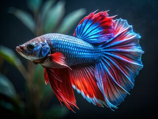 Male Betta Fish in Low Light Aquarium, Vibrant Fins, Underwater Scene