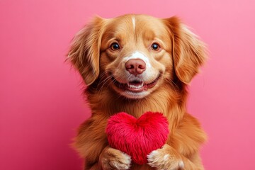 Commercial conceptual art artwork. Nova scotia duck tolling retriever - my desired dog. Cute nova scotia duck tolling retriever canine with fluffy red heart - emblem of love, funny greeting car.