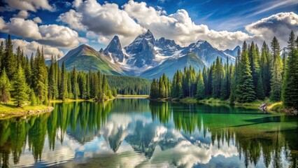 Fototapeta premium A serene mountain landscape with Weisensee lake surrounded by dense fir trees and towering peaks under a clear blue sky with some white fluffy clouds , mountains, nature