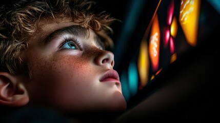 Immersive Gaming  Boy captivated by holographic display  vibrant neon lights  futuristic t