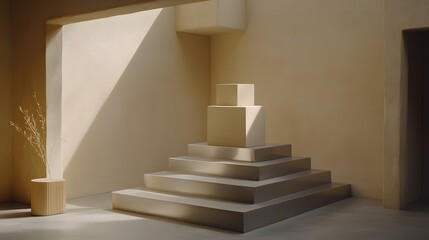 Minimalist Beige Room with Geometric Steps and Cubes