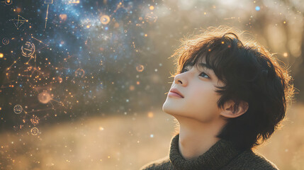 Young person gazing at the sky with glowing particles representing creativity and technological imagination. Generated with AI