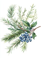 Watercolor winter frame with evergreen branches, blue berries, and a white background. Clipart, watercolor, vector illustration