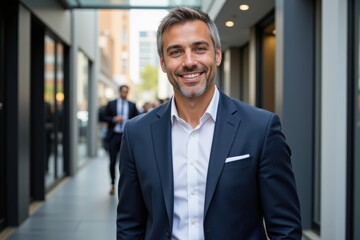 Fototapeta premium Confident Middle-Aged Caucasian Man in Business Suit Smiling Outside Modern Office Building in Urban Setting
