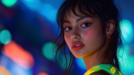 Naklejka premium Neon Fashion Woman Cyberpunk Style Arcade Lights Night Portrait