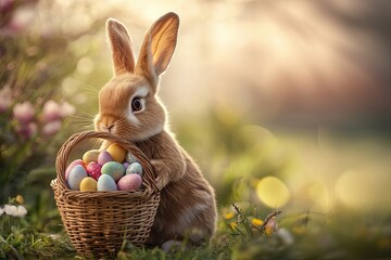 Easter bunny holding wicker basket with colorful eggs in meadow