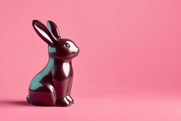 Glossy dark chocolate easter bunny sitting on pink background