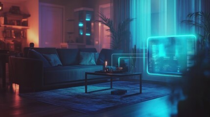 Futuristic Smart Home Interior: Neon Lights and Holographic Display