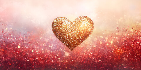 Obraz premium Golden Heart Sparkles Amidst a Red Gradient for Romantic Elegance