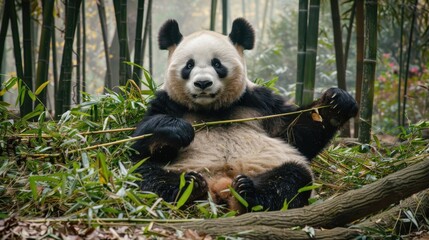 The gentle shade of bamboo shelters a giant panda as it lounges in a quiet forest clearing, fully at ease.