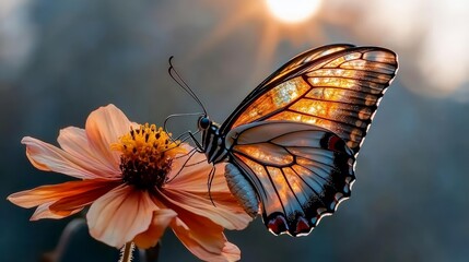 Fototapeta premium Golden Butterfly on Orange Flower Sunset Nature Scene
