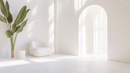 Minimalistic White Interior Room with Open Door, Bright and Spacious Background