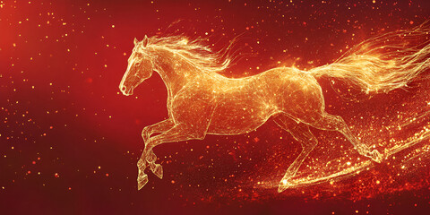 Golden Horse Galloping on Vibrant Red Background for Lunar New Year Symbolism