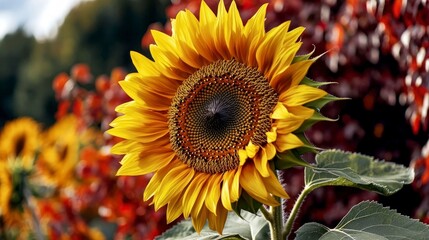 Obraz premium Vibrant Sunflower in Autumnal Setting Golden Petals Red Yellow Background