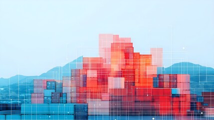 Modern Logistics and Supply Chain: Shipping Containers with Digital Network Overlay