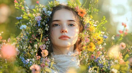 Spring Beauty  Woman in Flower Crown  Nature Portrait  Soft Light