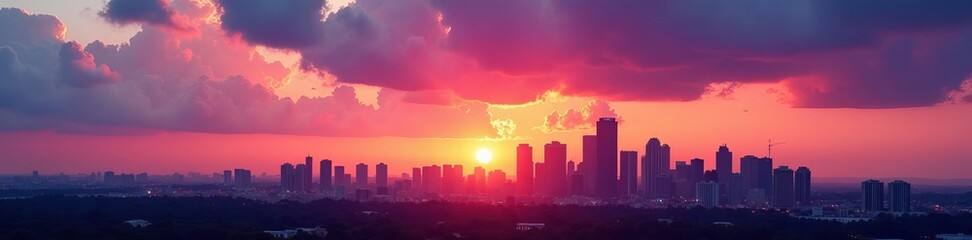City skyline with colorful sunset sky and buildings in silhouette, dramatic, twilight, skyline