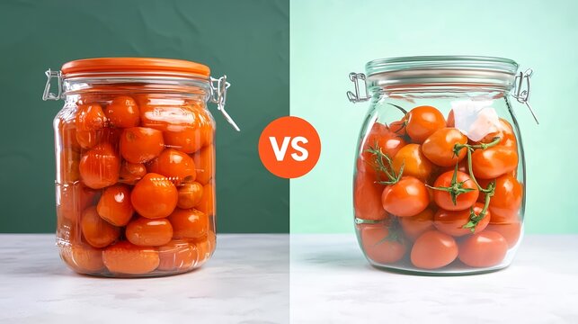 Tomatoes Comparison: Canned vs Fresh. Food Preservation, Healthy Eating Concept.