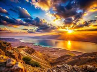 Naklejka premium Miniature Sunset Landscape: Mount Nebo & Dead Sea, Jordan