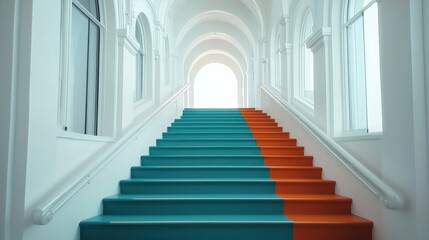 Modern Colorful Staircase  Teal   Orange Steps  Bright Interior  Archway  Windows  Light