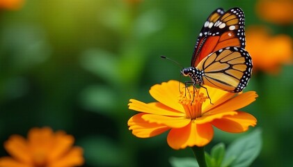 Obraz premium Close-up of a beautiful butterfly feeding on nectar from an orange blossom in garden, close-up, garden, butterfly