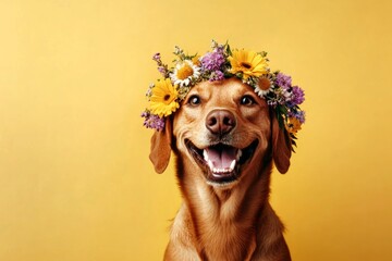 Cute adult dog basenji wearing feral flower crown on its head - symbol of sunny vacation time....