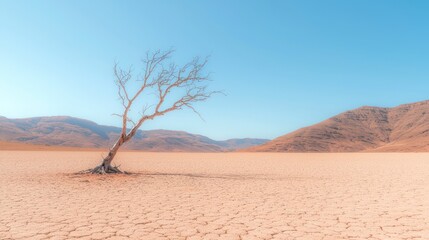 Dead Tree in Arid Desert Landscape  Cracked Earth  Blue Sky