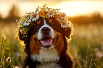 Vacation time happiness. Golden hour in sunset. Cute baby dog bernese mountain dog wearing untamed flower circlet on its head. Puppy enjoying the beauty of summer. Summer adventure with a dog.