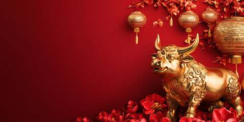 Obraz premium Golden Ox Statue on Rich Red Background for Lunar New Year Prosperity