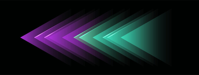 Green and purple arrow on black background, Copy space with glowing triangles. Bright Abstract backdrop. Business growth Banner , development progress, financial  success route
