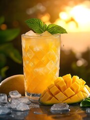 Refreshing Mango Juice Cocktail at Sunset: Vibrant, Tropical, and Delicious Beach Beverage with Mint and Citrus